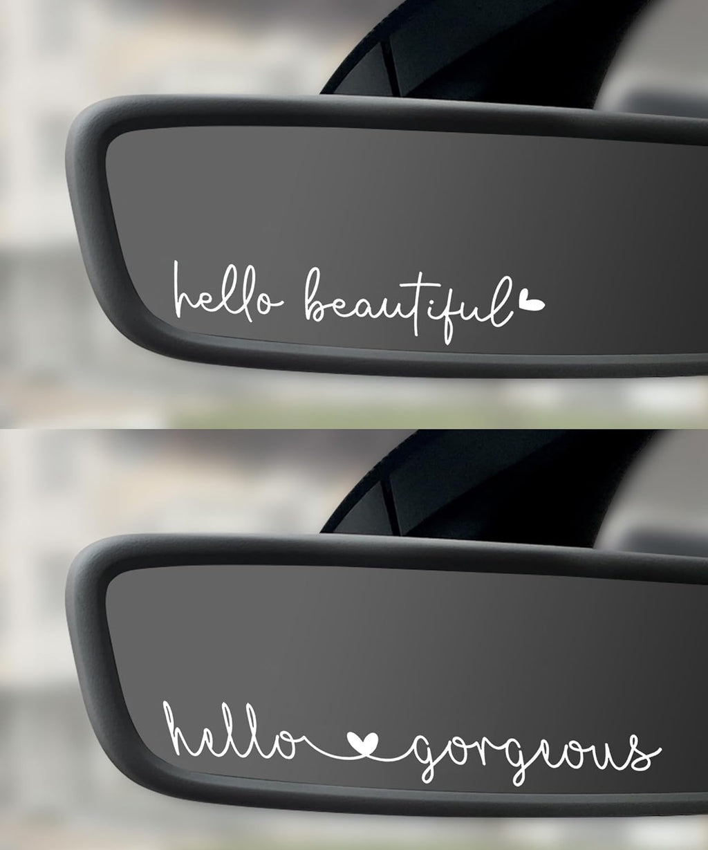 Car Decals,Car Accessories,Car Stickers and Decals,Hello Beautiful Mirror Decal,Car Rear View Mirror Sticker,Funny Car Decals,Vinyl Car Decals,Used in Car Window Rearview Mirror (White)